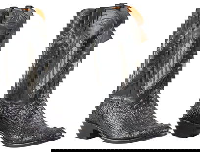 Lucchese Black & White Crocodile Boots: Lucchese (El Paso, Texas) cowboy boots, with black and white inlaid leather and stitching, crocodile leather, never-worn, with original tags, box, and knit boot bags, size 13D Condition AA; perfect co