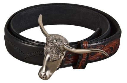 Tooled Leather Belt with Longhorn Belt Buckle