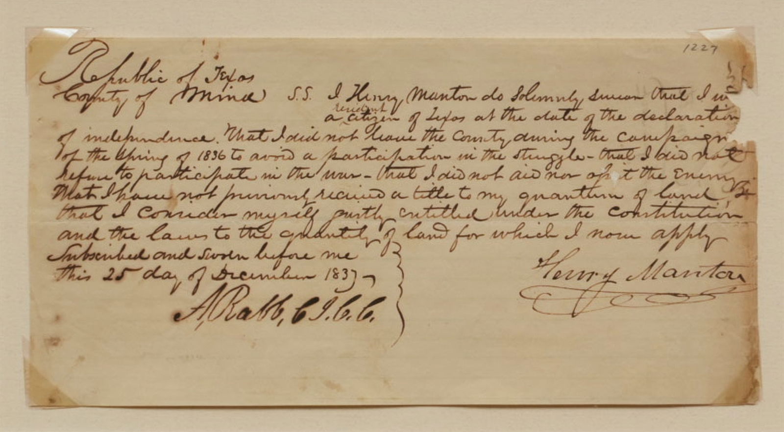 Republic of Texas Loyalty Oath, 1837 (1 of 4)