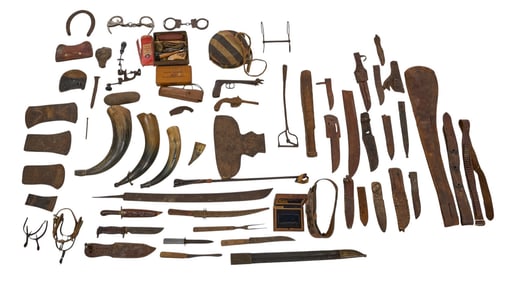 Collection of Leather Goods, Knives, Cuffs and Spurs