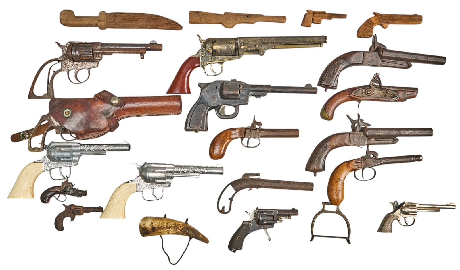 Collection of (21) Vintage Toy Guns & Holster: Collection of twenty-one toy guns and related items, includes cap guns, toy revolvers, and a holster Provenance: Property from a historic