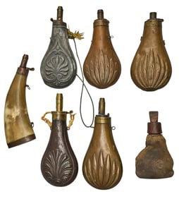 Collection of 7 Antique Powder Flasks