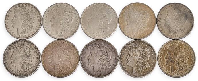 (10) 1921 Silver Morgan Dollars