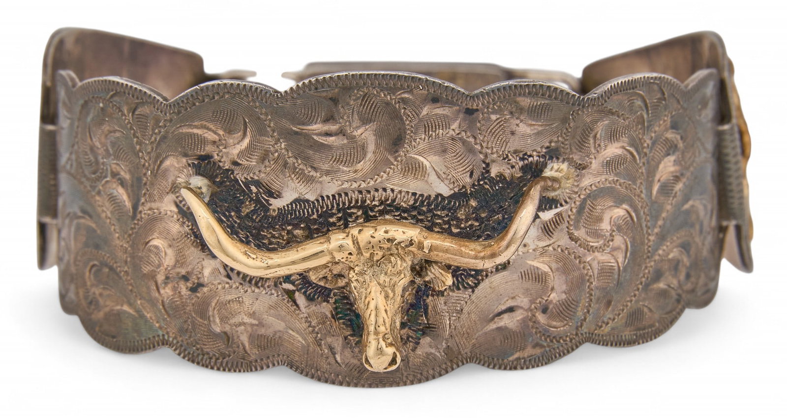 Lee + Verna Wesley Sterling Silver and 14K Longhorn Cuff: Lee + Verna Wesley sterling silver longhorn cuff featuring 14K gold three-dimensional longhorns with inlaid rubies, marked "Sterling 14K Lee & Wesley Verna" Circumference: 8 in. Total weight: