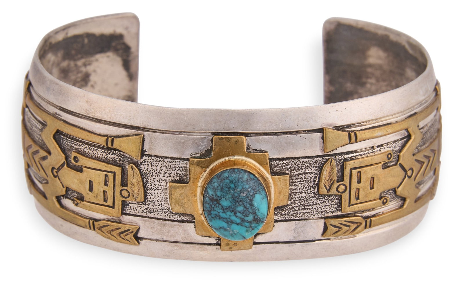 Sterling Silver and 12K Turquoise Cuff: Sterling silver and 12K golf fil turquoise cuff featuring singe inlaid turquoise stone with 12K gold fil details, marked "Sterling 1/20 12J GF" Circumference: 6 in. Total weight: 
