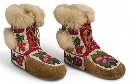 Pair of Native American Style Beaded Moccasins with Fur Trim