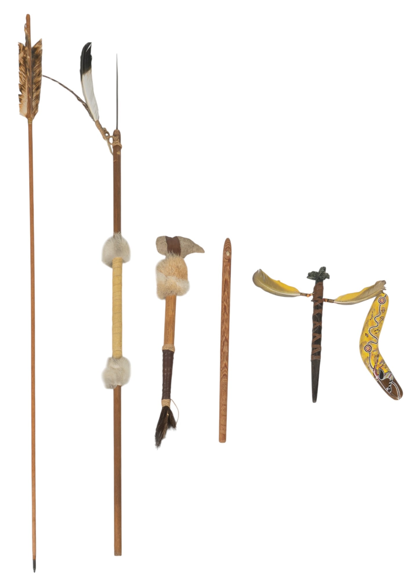 Collection of (5) Native American Weapons: Collection of five Native American weapons, to include a tomahawk with fur, leather, and rope details, staff with animal head motifs, with feathers, beads, and leather, a wooden tool, and two long lan