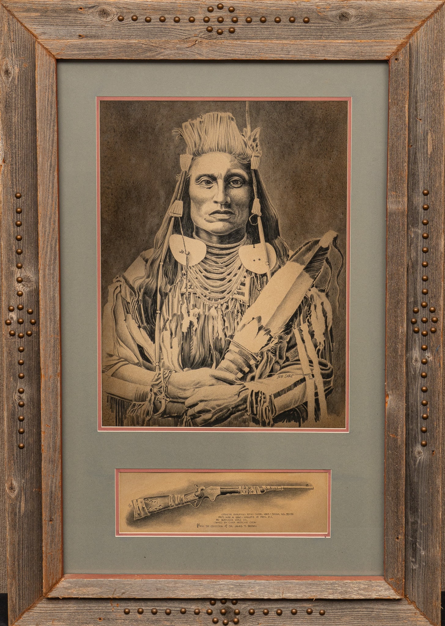 Bob Dale, Native American Portrait: Bob Dale (Texas / Alaska, 1927-2015), Native American drawing, above depiction of Spencer repeating rifle which was owned by a Native American chief, 1985, charcoal on paper, in rustic studded fr