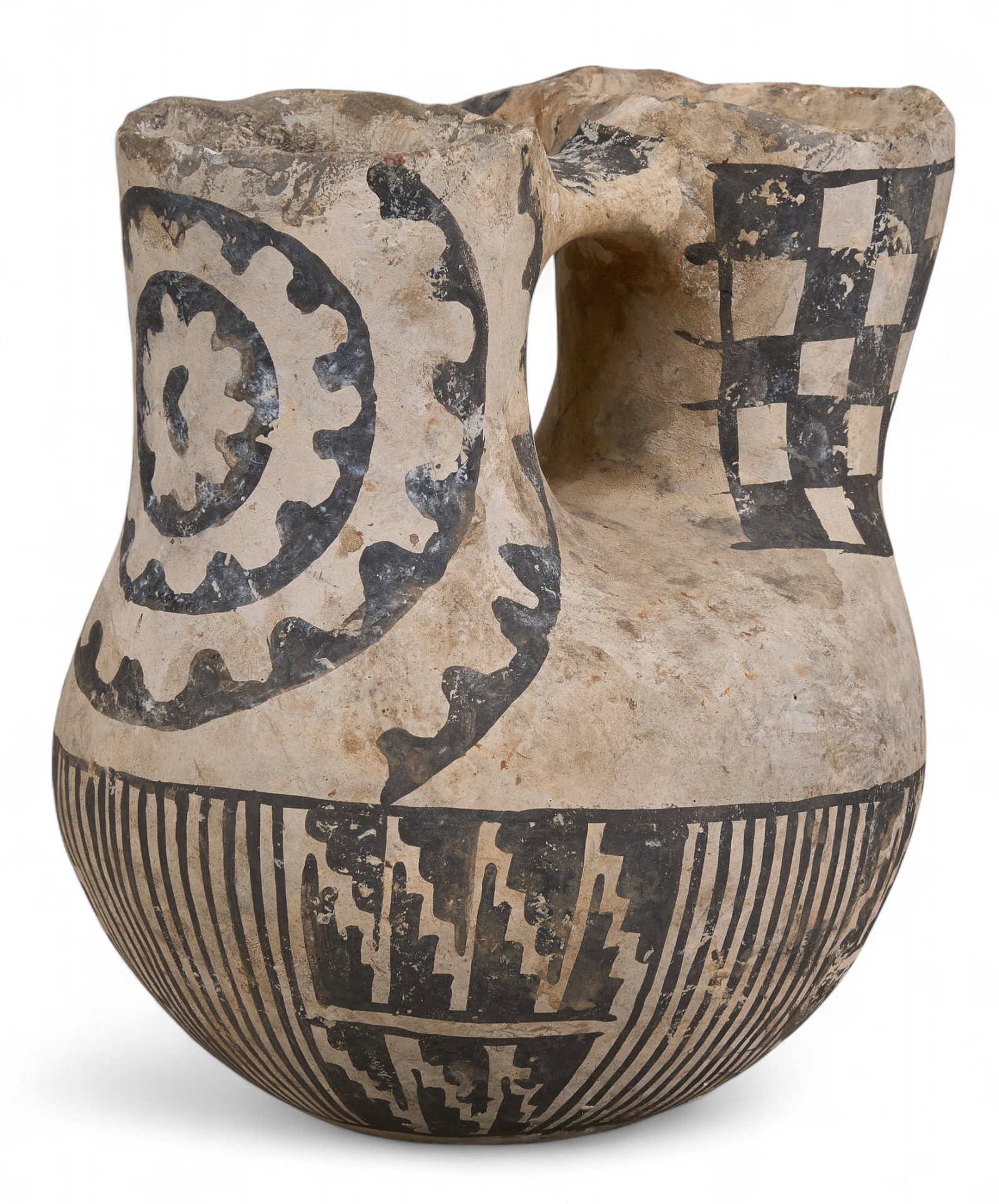 Bill Freeman, Sacarro Marriage Jar: Bill (William) Freeman (1926-2012, Arizona / Wyoming), Anasazi style wedding jar, black and white polychrome to exterior, pre-historic recreation, marked "Socorro - Rio Grande, 1100/1300&quo