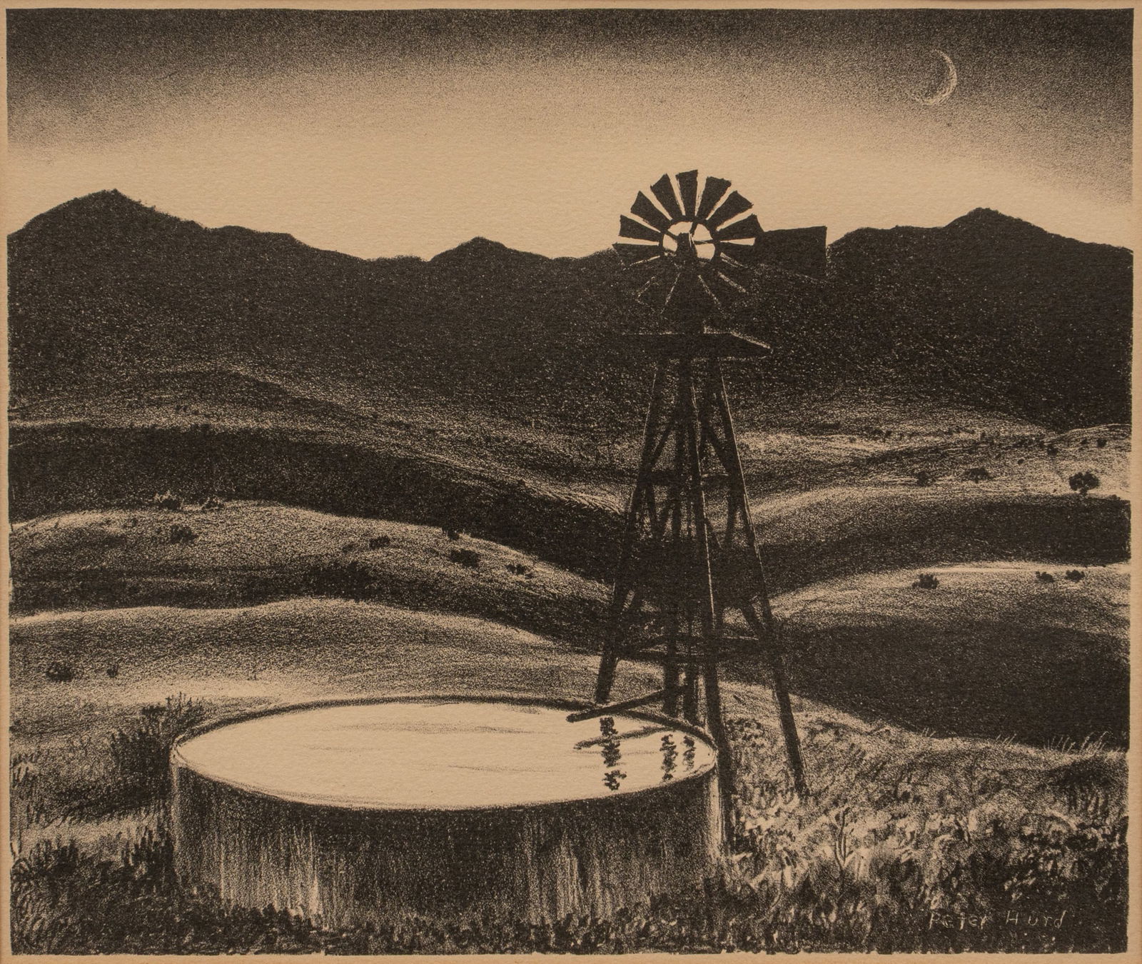Peter Hurd, "Stock Well at Dusk" Lithograph: Peter Hurd (New Mexico, 1904-1984), 