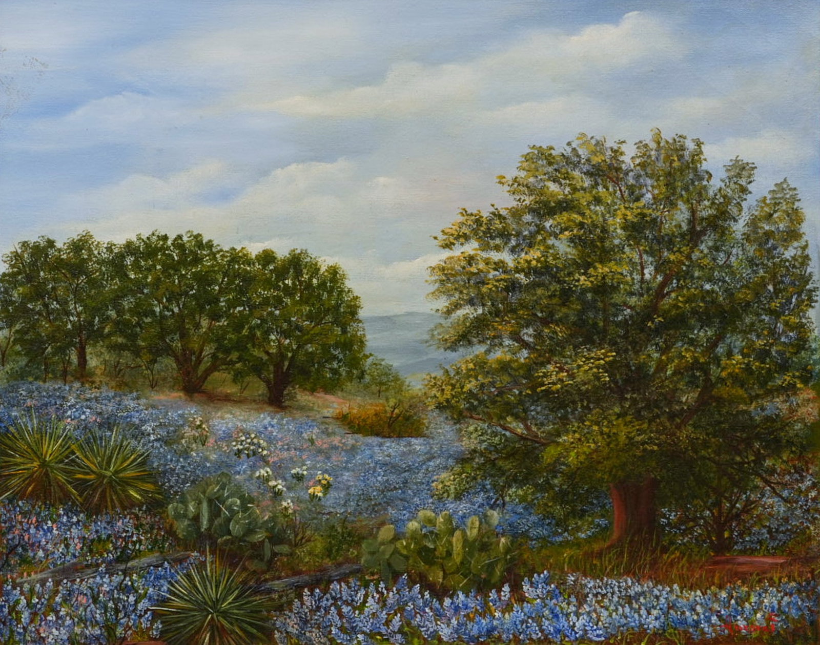 Aurora Herrera, Bluebonnets and Cactus: Aurora Herrera (1926-2008, Texas), bluebonnet and cactus landscape, oil on canvas, with artist's card to verso sight: 16 x 20 in.