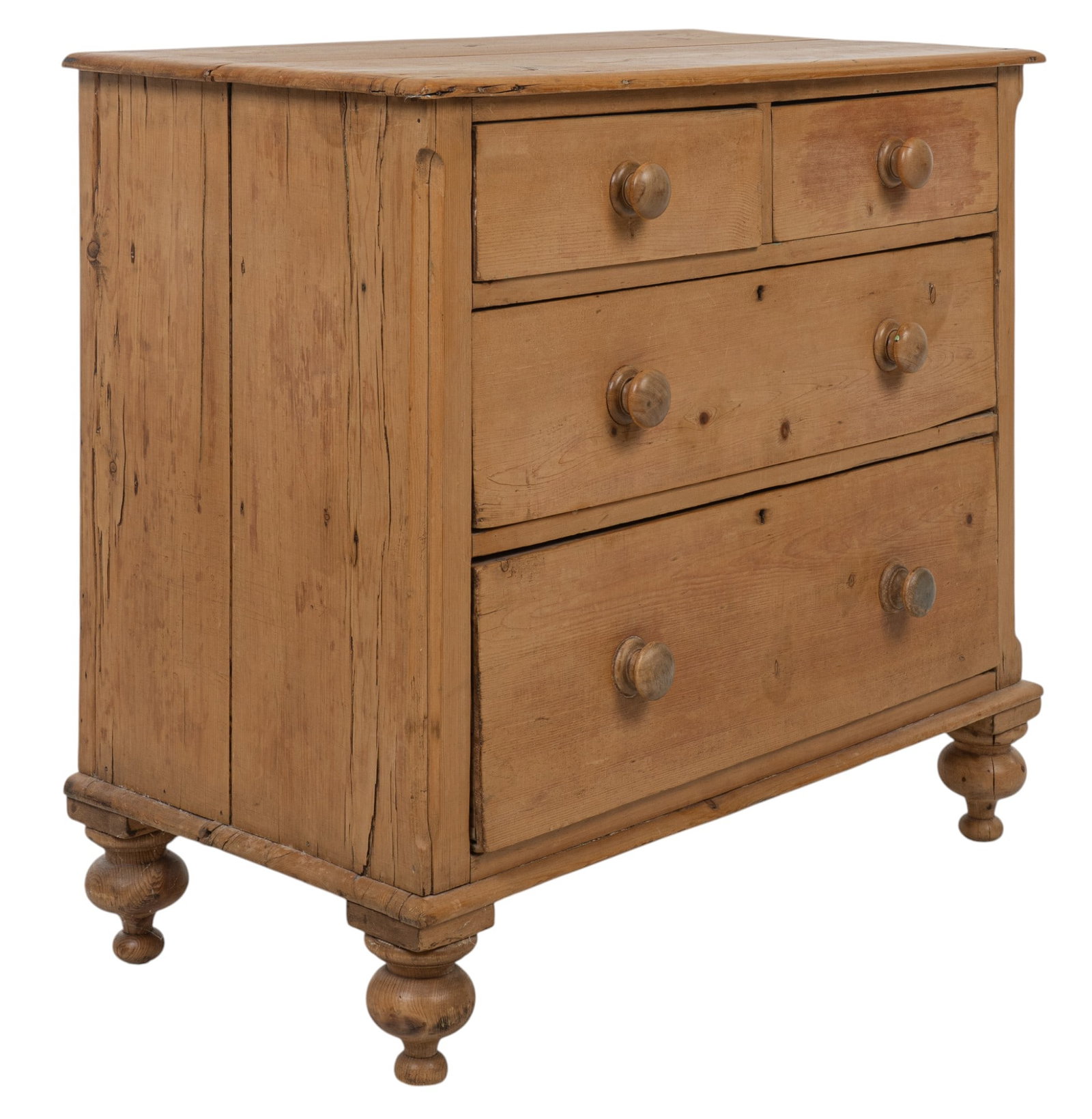 Farmhouse Dresser: Farmhouse dresser with two small drawers above two large drawers, each with circular wooden pulls, raised on turned feet height 32 in. x width 36 in. x depth 19 in. Provenance: Property from the