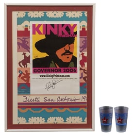 Signed Kinky Friedman Governor Poster & Beer Pints