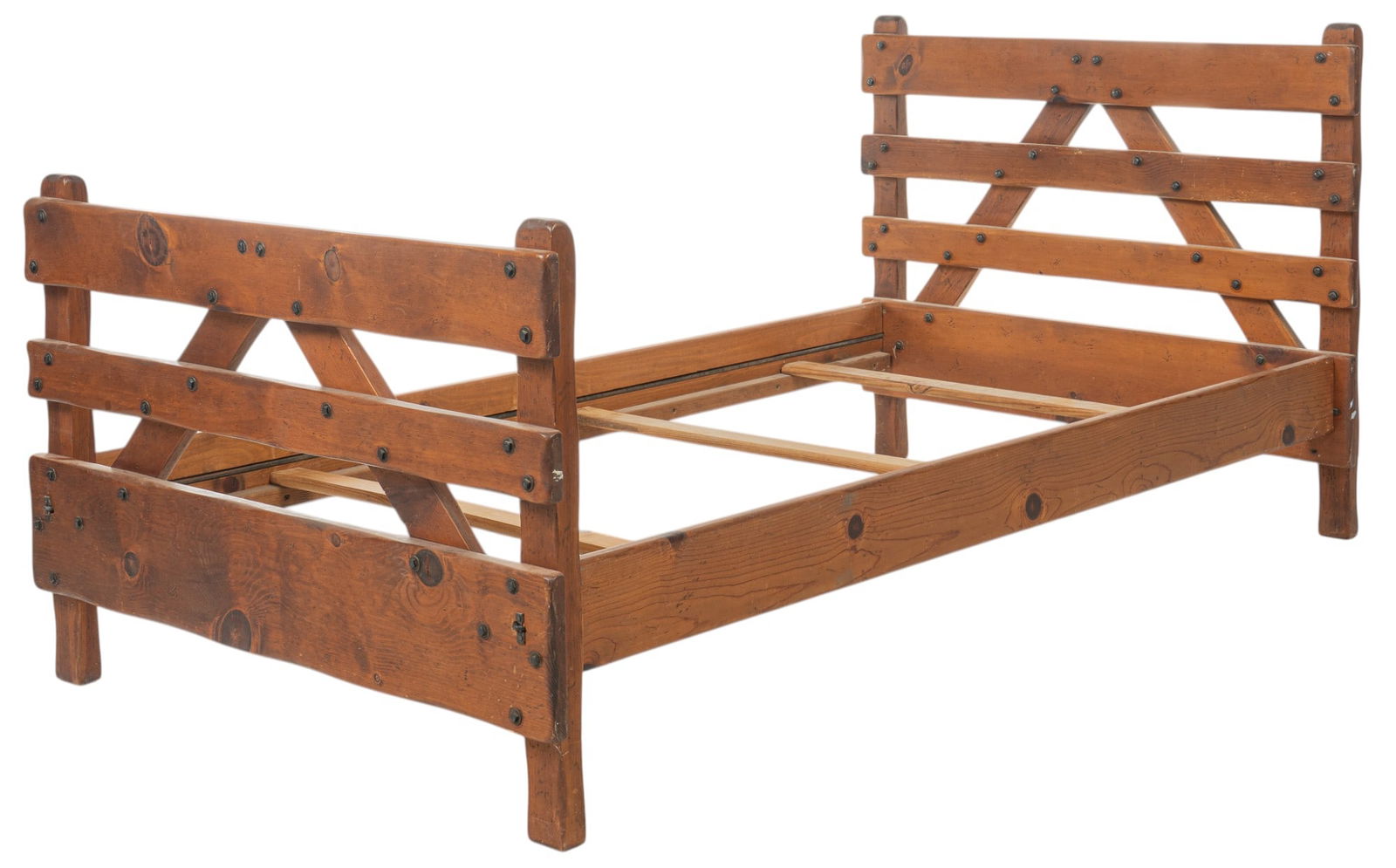 W.R. Dallas Twin Bed Frame: W.R. Dallas (San Antonio, Texas) twin-sized bed frame, marked by maker height 37 in. x width 76 in. x depth 39 in. Provenance: Property from a home in San Antonio, Texas