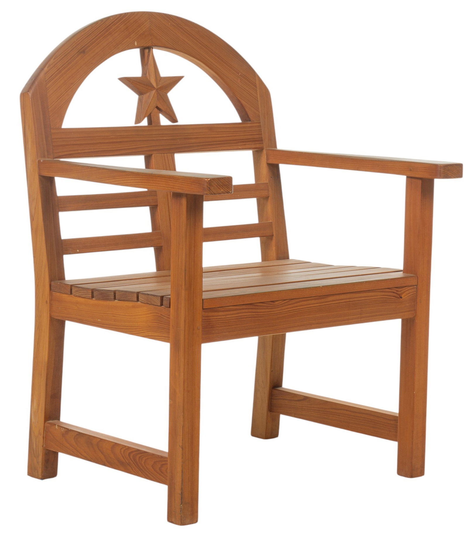 Cypress Chair with Texas Star Design: Hand-crafted cypress chair with Texas star design, constructed by a native San Antonio furniture maker, Texas star is composed of ten pieces of cypress, circa 1990s height 39 in. x width 25 