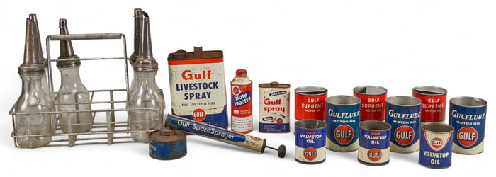 Vintage Gulf Oil Advertising Cans, Bottles & Rack