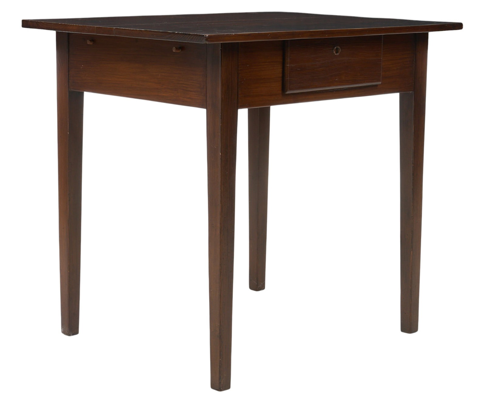 Early Texas Farmhouse Table: Early Texas farmhouse table, with single drawer, on tapered block legs, circa 1870s height 31 in. x width 33 in. x depth 26 in. Provenance: Property from a home in Fredericksburg, Texas