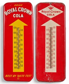 (2) Vintage Royal Crown Cola Metal Thermometers