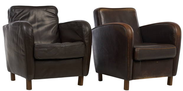Pair of Baxter Leather Chairs: Pair of Baxter brown leather chairs, marked with leather label under seat, supported on wooden block legs&nbsp; height 31.5 in. x width 29 in. x depth 28 in. / each