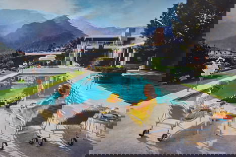 Slim Aarons, "Poolside Gossip": Slim Aarons&nbsp;(Amer., 1916-2006), &quot;Poolside Gossip&quot;, C-type print on archival Fuji Color Crystal paper, with Getty Images Archive blindstamp, not framed image: 30 x 40 in. Photograph take