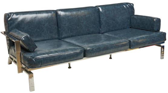 Chromcraft (USA) Blue Leather Sofa: Chromcraft (USA)&nbsp;sofa, with dark blue leather seat&nbsp;and back cushions, on chrome frame, with padded armrests height 28&nbsp;in. x width 82 in. x depth 33 in. Provenance: Property from a home