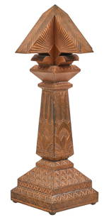 Isaac Maxwell (San Antonio, Texas) Copper Floorlamp: Isaac Maxwell (San Antonio, Texas), copper floor lamp with pierced details throughout, square-shaped base, and geometric design height 46 in. x width 20 in. x depth 20 in. Provenance: Property from a