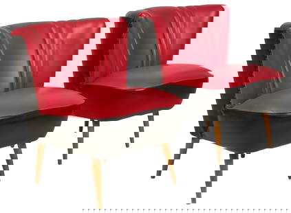 Pair of Red Vinyl Chairs: Pair of mid-century&nbsp;chairs with red and black vinyl upholstery, supported on splayed pin legs height 27 in. x width 22 in. x depth 24&nbsp;in. / each Provenance: Property from a home in San Anton