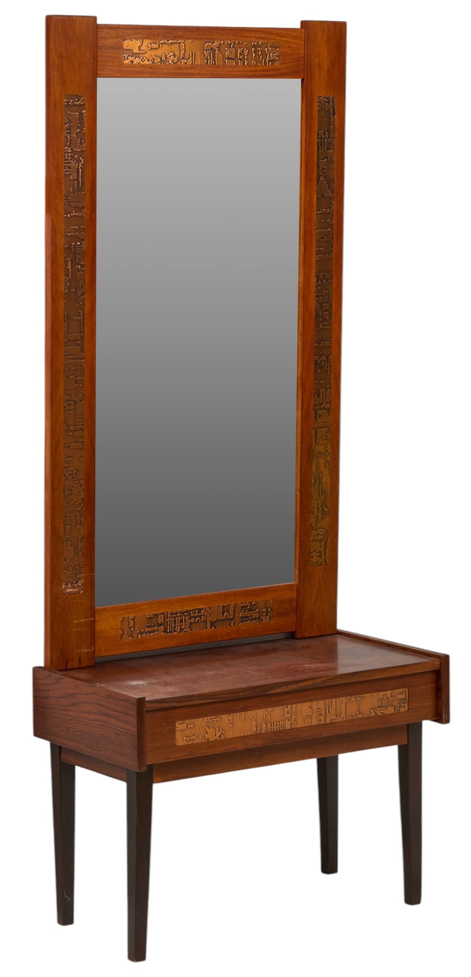 Danish Mid-Century Wall Mirror and Console: Danish mid-century mirror and console table with single drawer height 43.5 in. x width 24 in. x depth 1 in. / mirror height 18 in. x width 25.5 in. x depth 13.5 in. / console table Provenance: Importe