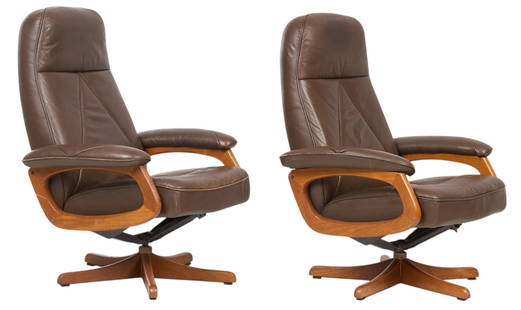 Pair of Lied Mobler Norwegian Leather Lounge Chairs: Pair of Lied Mobler Norwegian reclining lounge chairs, with brown leather upholstery and&nbsp;wood frames, marked&nbsp; height 39 in. x width 30 in. x depth 29 in. Provenance: Imported directly from D