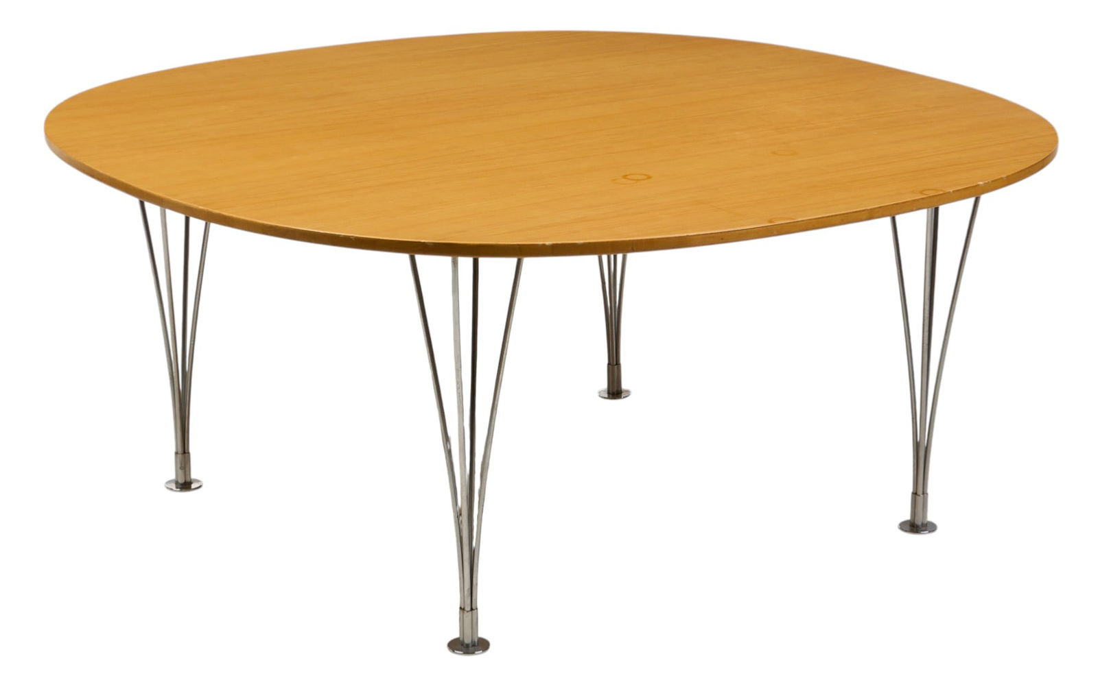 Fritz Hansen, Coffee Table: Piet Hein (Netherlands) and Bruno Mathsson (Sweden) for Fritz Hansen (Denmark) mid-century dining table, supported on chrome hairpin legs, marked to underside with sticker he