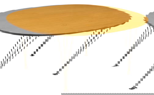 Fritz Hansen, Coffee Table: Piet Hein (Netherlands)&nbsp;and Bruno Mathsson (Sweden) for&nbsp;Fritz Hansen&nbsp;(Denmark) mid-century dining table, supported on chrome hairpin legs, marked to&nbsp;underside&nbsp;with sticker  he