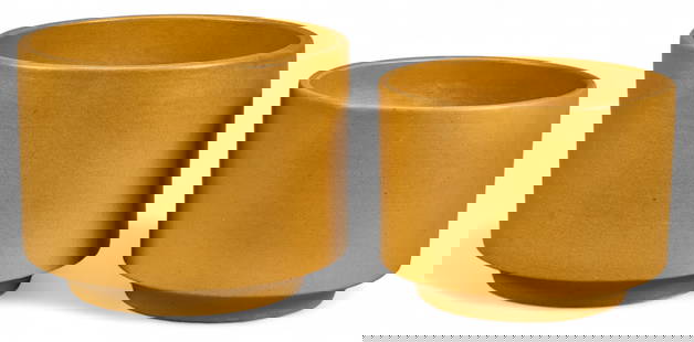 Pair of Gainey Ceramics Planters: Pair of Gainey Ceramics (California) planters, yellow ceramics, marked to underside height 10.5 in. x diameter 13.5 in. / largest Provenance: Property from a home in Rockport, Texas