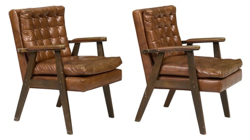 Pair of Mid-Century Tufted Leather Armchairs