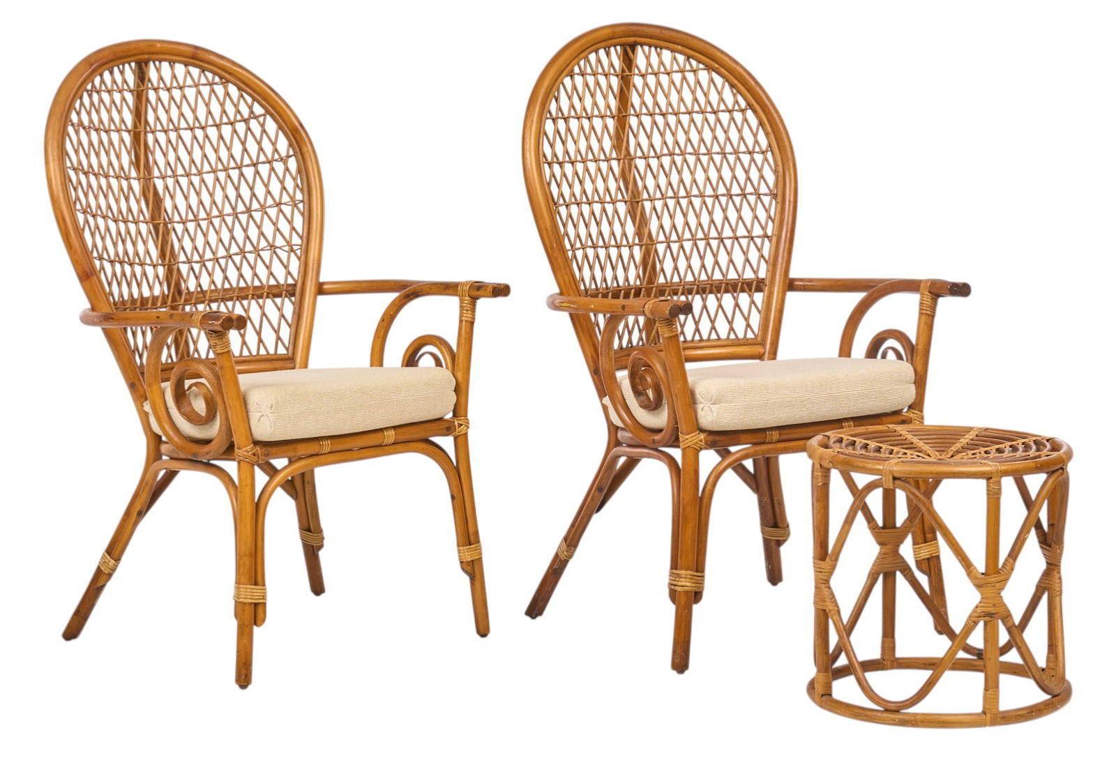 Pair of PT Fendi Mungil (IDN) Bamboo Balloon Arm Chairs and Ottoman: Pair of PT Fendi Mungil (Indonesia) bamboo balloon back armchairs, with cushioned seats, and matching ottoman height 44.5 in. x width 27 in. x depth 29 in. / each chair Provenance: Property from a hom