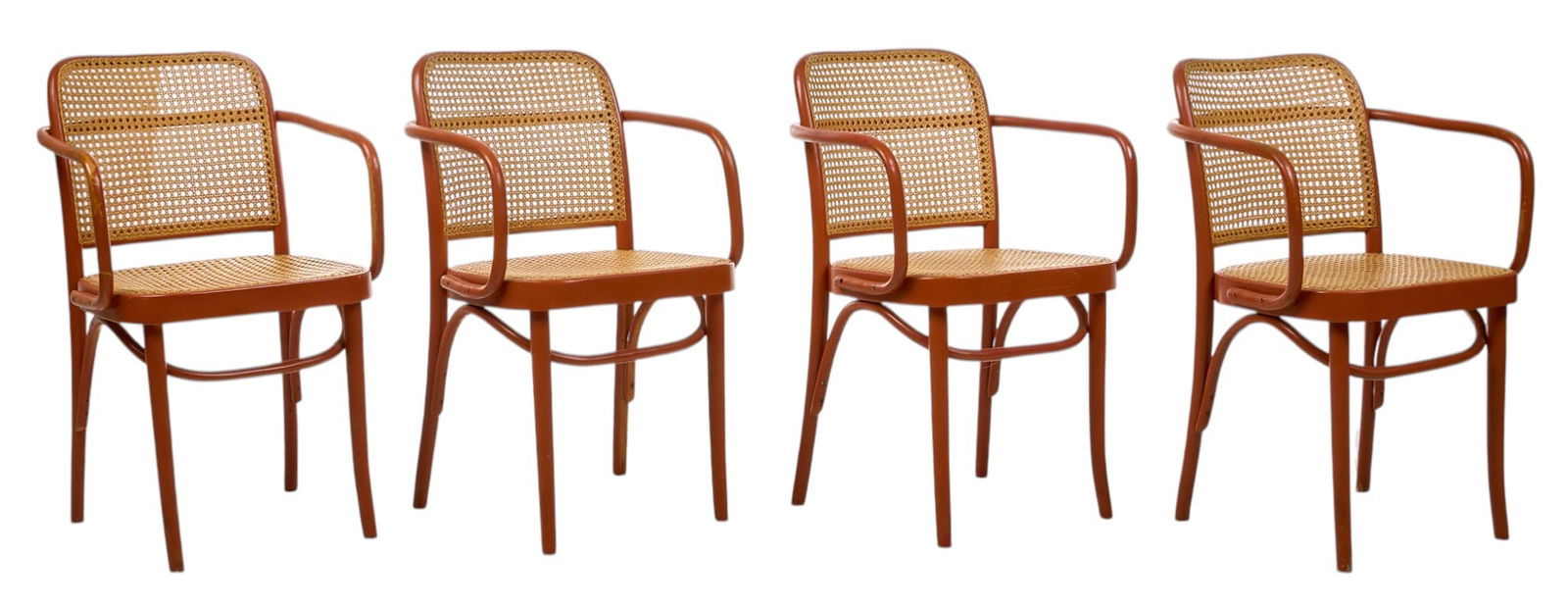 After Josef Hoffman, (4) Bentwood Cane Chairs: After Josef Hoffman (1870-1956, Czechia / Austria) for Thonet (Germany), set of four bentwood chairs with cane seat and back, re-painted bentwood frame, marked "Made in Denmark" to unde