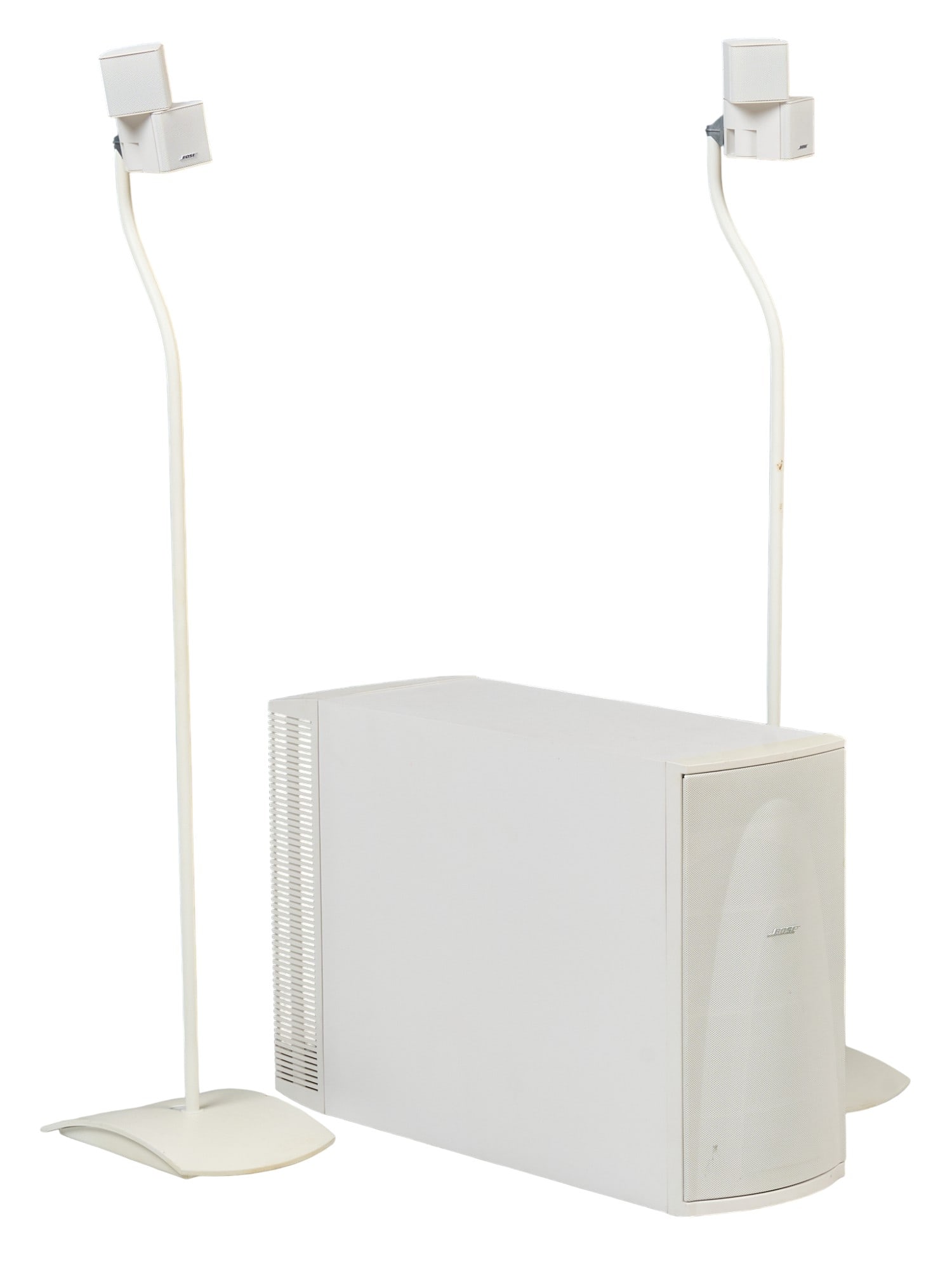 BOSE Speaker System: BOSE Model ps48 Powered Speaker System, and two adjustable speaker stands height 40.5 in. x width 7 in. x depth 10 in. / each speaker stand Provenance: Property from a home in San Antonio, Texas