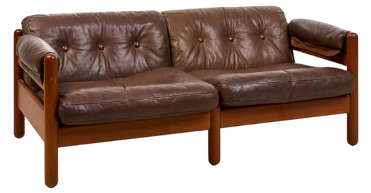 Danish Buffalo Hide and Teak Loveseat