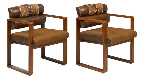 Pair of Kimball Deer Hide Chairs: Vintage pair of Kimball (USA) chairs with wooden frames, and leather cushion seats with deer hair on hide accents height 33 in. x width 26 in. x depth 23.5 in. / each Provenance: Property from a home