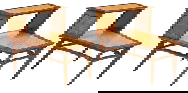 Pair of Mid-Century Tiered Side Tables: Pair of mid-century modern tiered side tables, with woven tops and sides, rising on stretchered pin legs, marked with sticker &quot;Mahogany Association&quot; height 23 in. x width 28 in. x depth 22 i