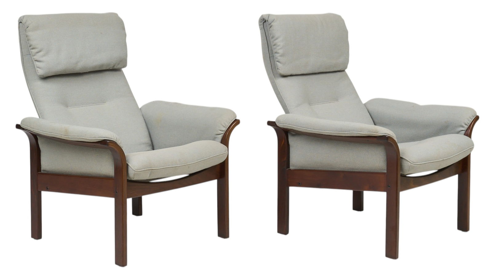 Pair of Danish Mid-Century Recliners: Pair of Danish mid-century reclining armchairs with cushioned seats, supported on block legs height 38 in. x width 31 in. x depth 31 in. Provenance: Imported directly from Denmark to Vogt Auction, cur