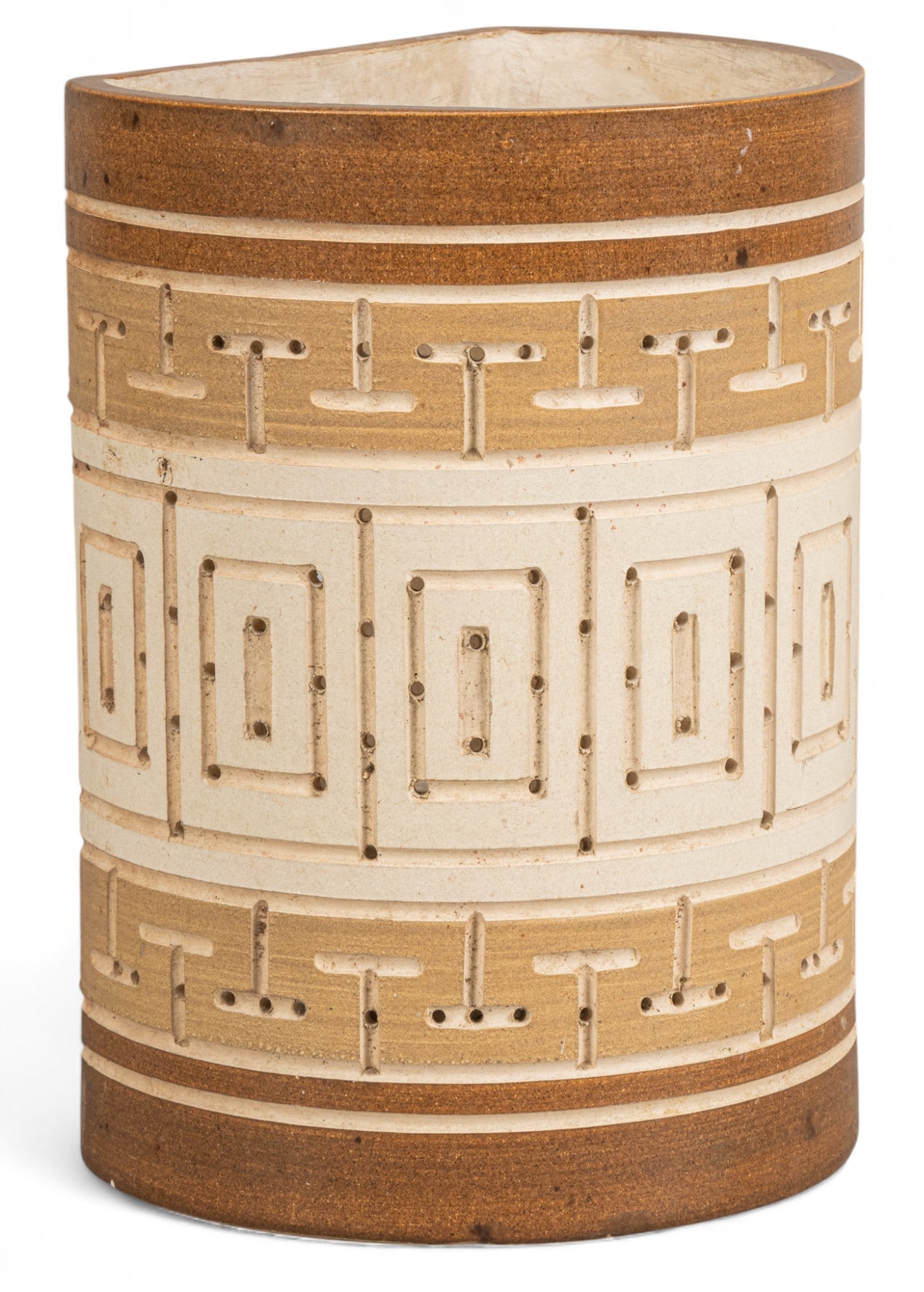 Beaumont Mood (San Antonio, Texas) Sconce: Beaumont Mood ceramic sconce with perforated geometric design height 10 in. x width 7.5 in. x depth 5.5 in. Provenance: Property from a home in San Antonio, Texas