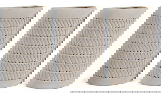 (3) Beaumont Mood Style Wall Sconces: Set of three Beaumont mood style wall sconces, each with horizontal rows of vertical slots and small holes height 13 in. x width 8 in. x depth 5 in. / each Provenance: Property from a San Antonio, TX