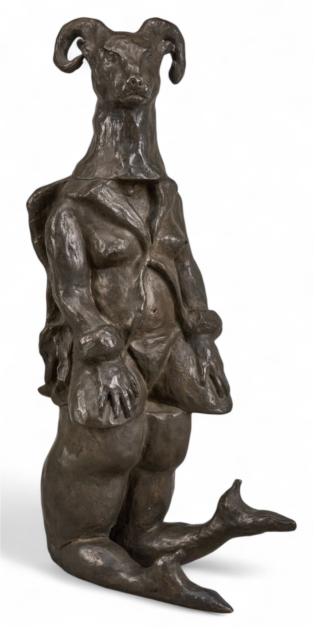 Ray Smith, Sheep Woman Bronze: Ray Smith (Texas / Mexico, b. 1959), surrealist style bronze sculpture with stacking body sections, including ram's head and woman's nude legs in high heels, ed. 2/7 height 21.5 in. x width 8