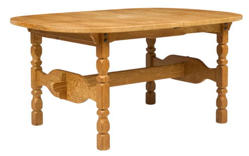 Henning Kjaernulf (DNK) Mid-Century Extending Table: Henning Kjaernulf (Denmark) oak mid-century extending breakfast table with leaf, supported on carved block legs height 29.5 in. x width 62.5 in. x depth 41.5 in. extended width&nbsp;102.5 in.