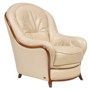 Borzalino (ITA) Leather Chair: Borzalino (Italy) chair with leather clad frame with wooden trim, marked with metal label&nbsp; height 35 in. x width 30 in. x depth 30 in. Provenance: Imported directly from Denmark to Vogt Auction,