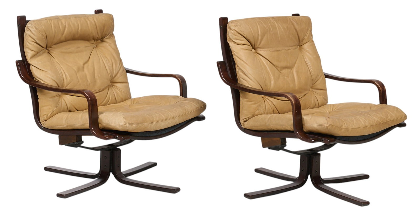 Pair of Danish Mid-Century Lounge Chairs: Pair of Danish mid-century lounge chairs with bentwood frames. and tufted leather cushions height 32 in. x width 29 in. x depth 31 in.