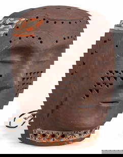 Ceramic Head Lamp: Ceramic head lamp, with pierced details throughout, and orange and white glazed pattern, in working condition height 14 x width 10 x depth 12 in. Provenance: Property from a&nbsp;San Antonio, Texas in