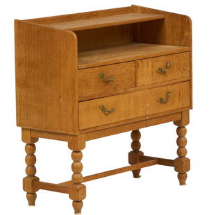 Danish Mid-Century Side Table: Danish mid-century side table with three drawers, supported on turned legs height 25.5 in. x width 25.5 in. x depth 11.5 in. Provenance: Imported directly from Denmark to Vogt Auction, curated from Da