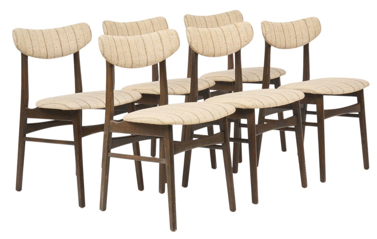 (6) Danish Mid-Century Dining Chairs: Six Danish mid-century dining with wooden frames, and cushioned seat and back clad in striped upholstery fabric height 31 in. x width 19 in. x depth 17 in. / each Provenance: Imported directly f