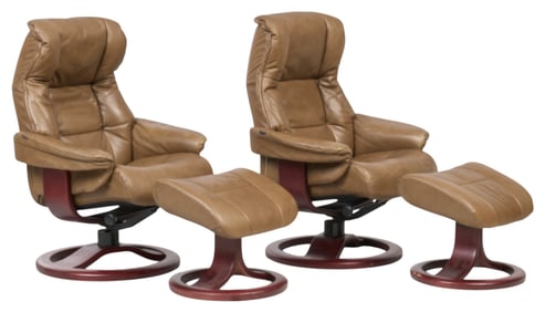 Pair of Mid-Century Swivel Chairs and Ottomans